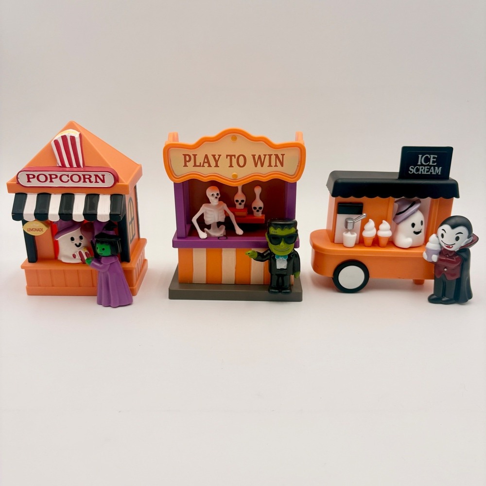 Halloween Village Carnival Set 3pc Popcorn Game Booth Ice Scream Truck Decor